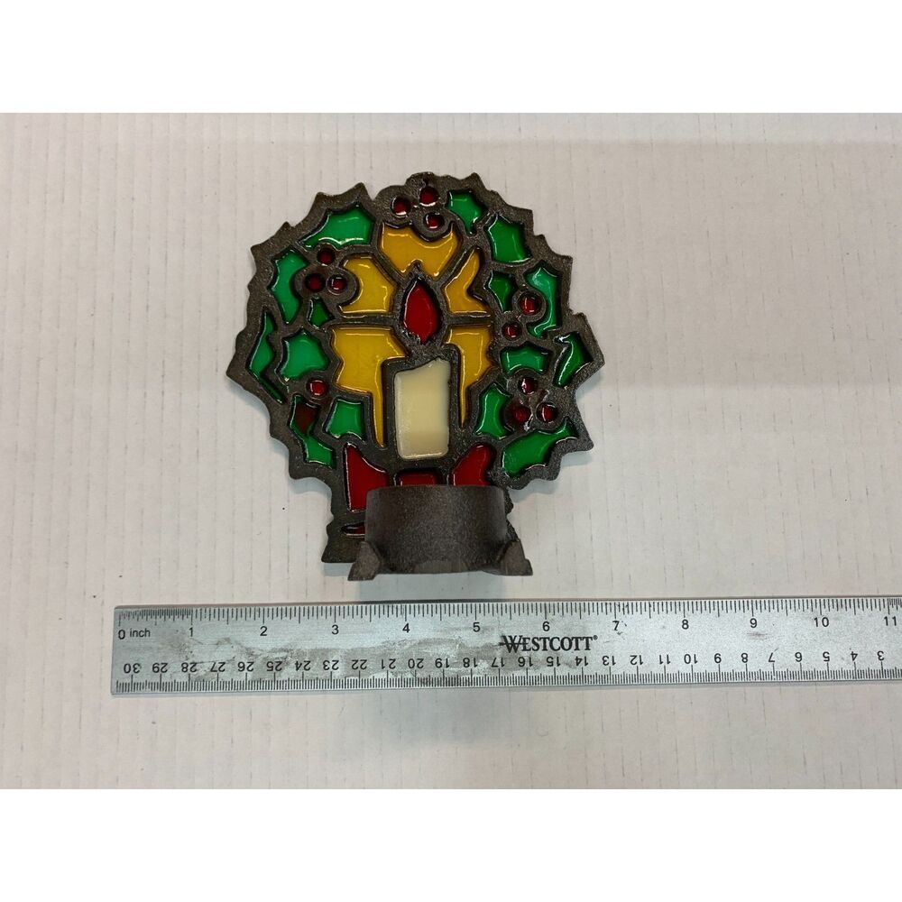 Vtg Christmas cast iron stained glass votive candle holder wreath Tiffany Style - Picture 4 of 8